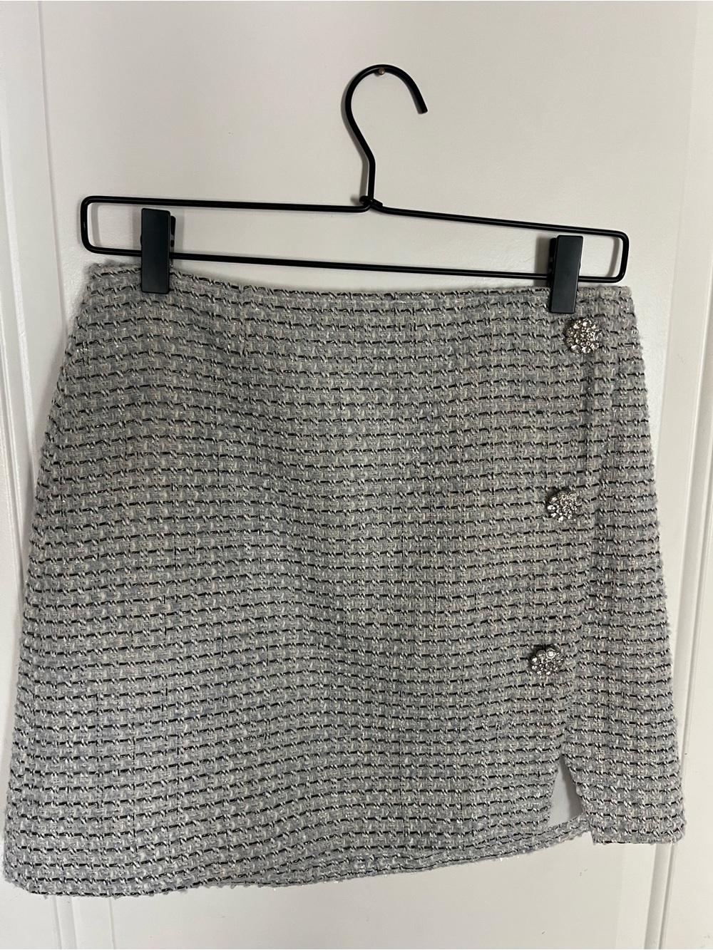 French Connection Silver Tweed Mini Skirt with Embellished Buttons